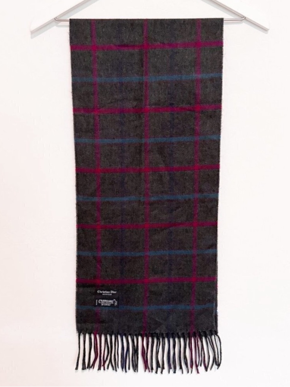 Christian Dior Scarf Plaid Windowpane Cashmaire Fringe Vintage Dark Academia